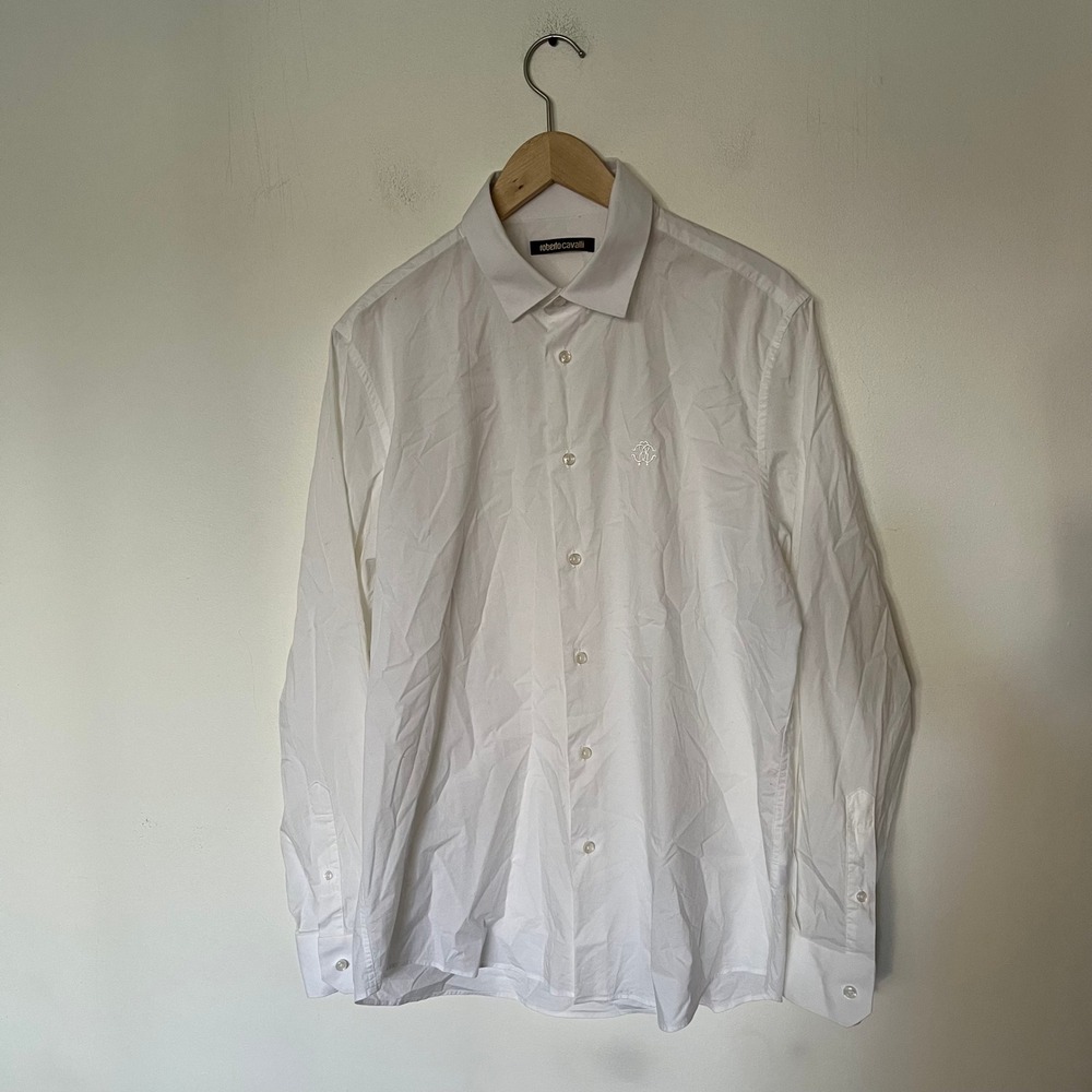 Roberto Cavalli Mens White Cotton Long Sleeve Button Up Shirt Logo Embroidered